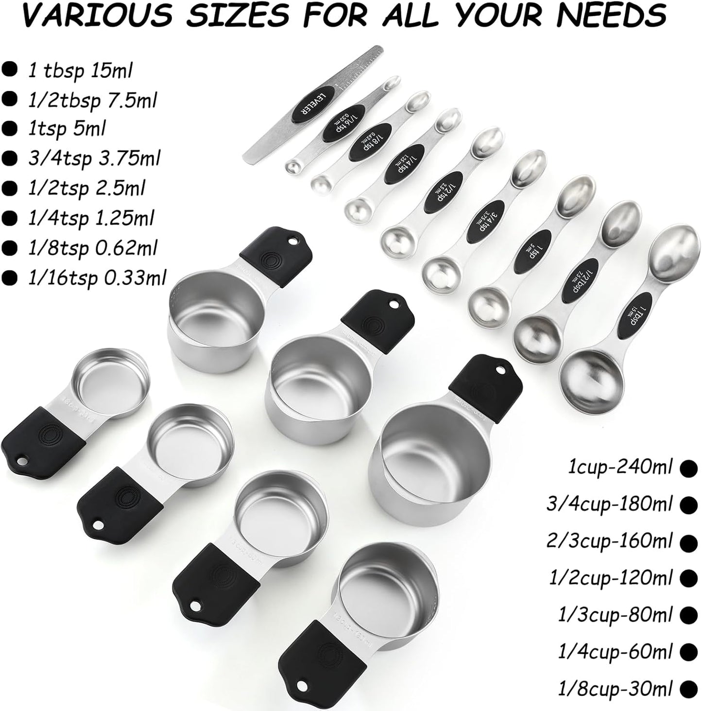 Magnetic Measuring Cups and Spoons Set Stainless Steel Stackable 7 Magnetic Metal Measuring Cup 8 Magnetic Measuring Spoon with Leveler for Dry Liquid Ingredient