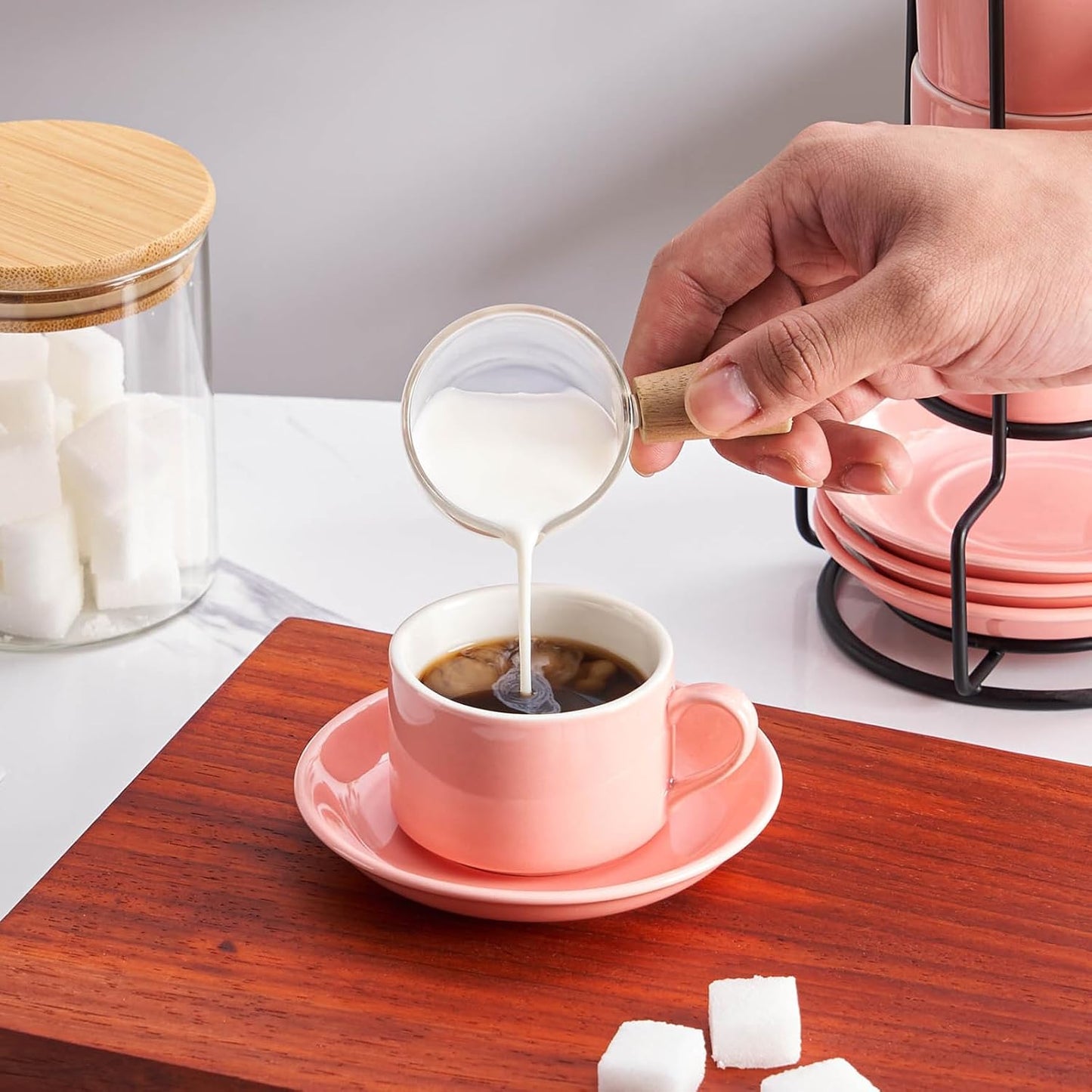 2.5oz Porcelain Stackable Espresso Cups with Saucers and Metal Stand Set of 4, Stackable Cappuccino Cups, Pink Expresso Shots Cup Set for Coffee Drinks, Latte, Tea