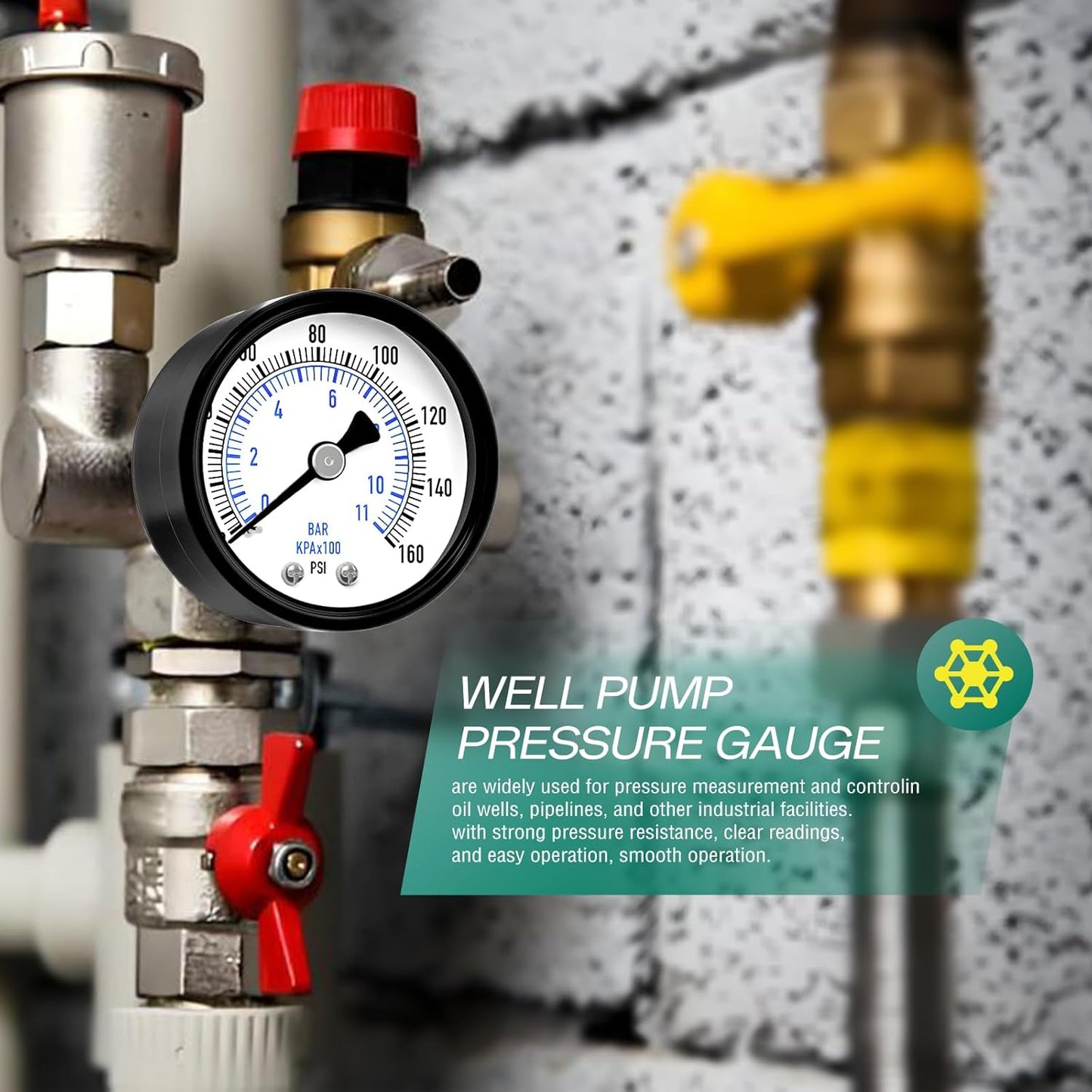 0-160psi Well Pump Pressure Gauge 1/4" NPT 2" Face Dial Size Back Mount, Multifunctional Practical Dry Pressure Gauge, for Water, Oil and Air Compressor