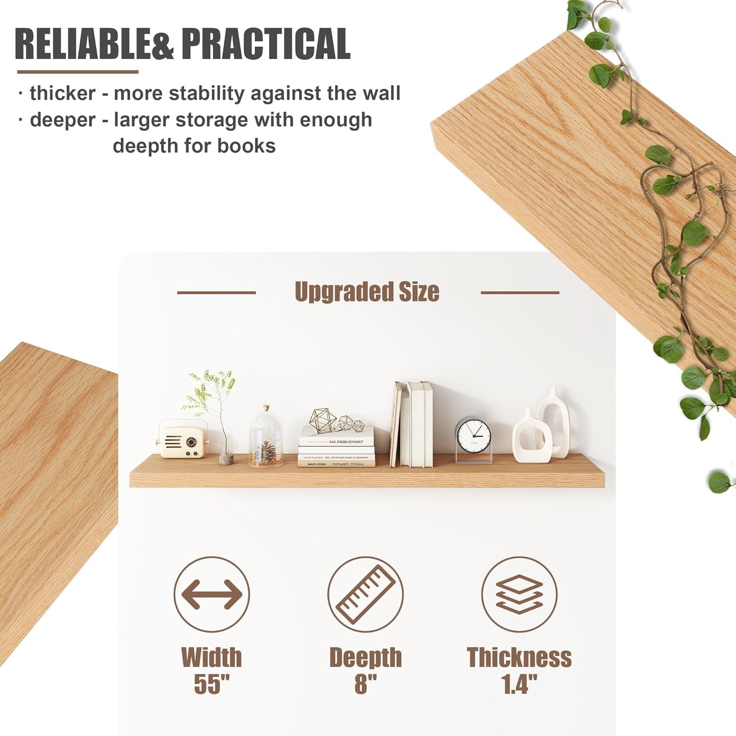 Floating Shelves for Wall, USA-Sourced Oak Wood 55 Inch Long Wall Shelves, Natural Wooden Wall Mounted Picture Ledge Shelf, Nursery Book Storage Shelf Kids Bookshelf, Display Shelf for Bathroom