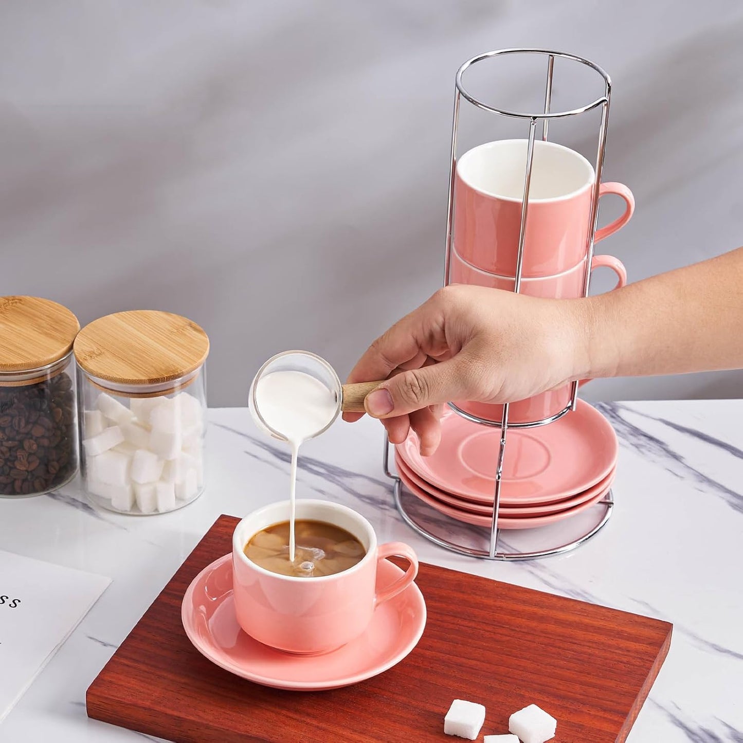 8 Ounce Porcelain Cappuccino Cups with Saucers and Silver Stand, Pink Cups Set of 4