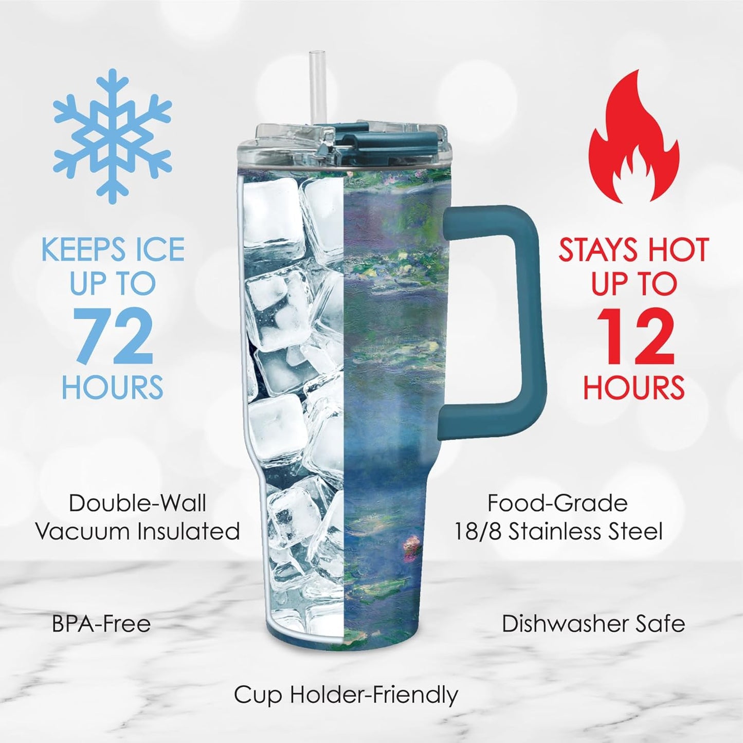 RainCaper 18/8 Stainless Steel Insulated Water Tumbler with Straw | 30oz, BPA-Free, Double Wall for Hot & Cold | Travel-Friendly, Cup Holder Ready (Monet Water Lilies)