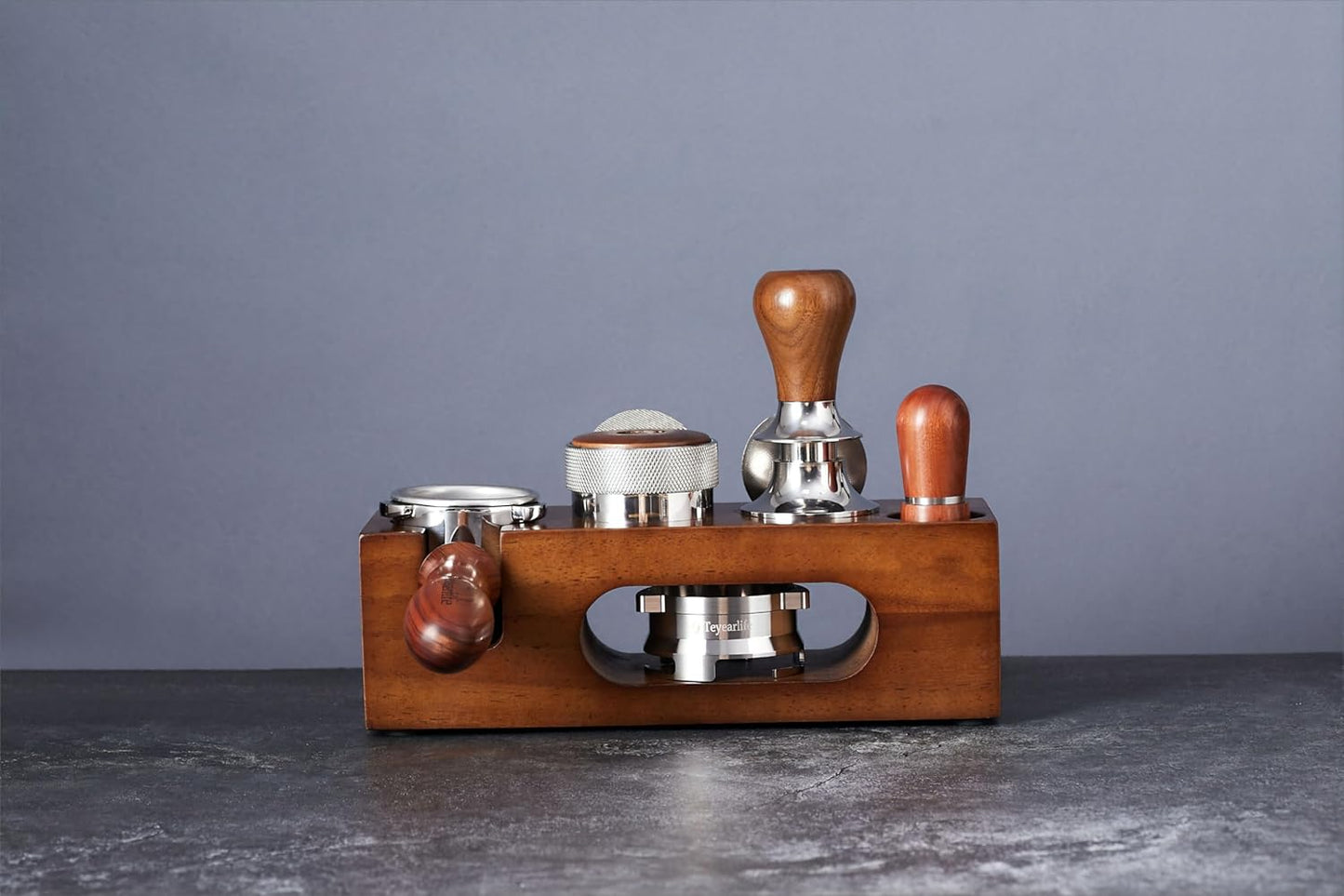 espresso tamping station called Coffee Tamper Station Fit 51 to 54mm Espresso Accessories The tamper holder Or organizer station Adjustable Portafilters Stand Height (7 IN 1)