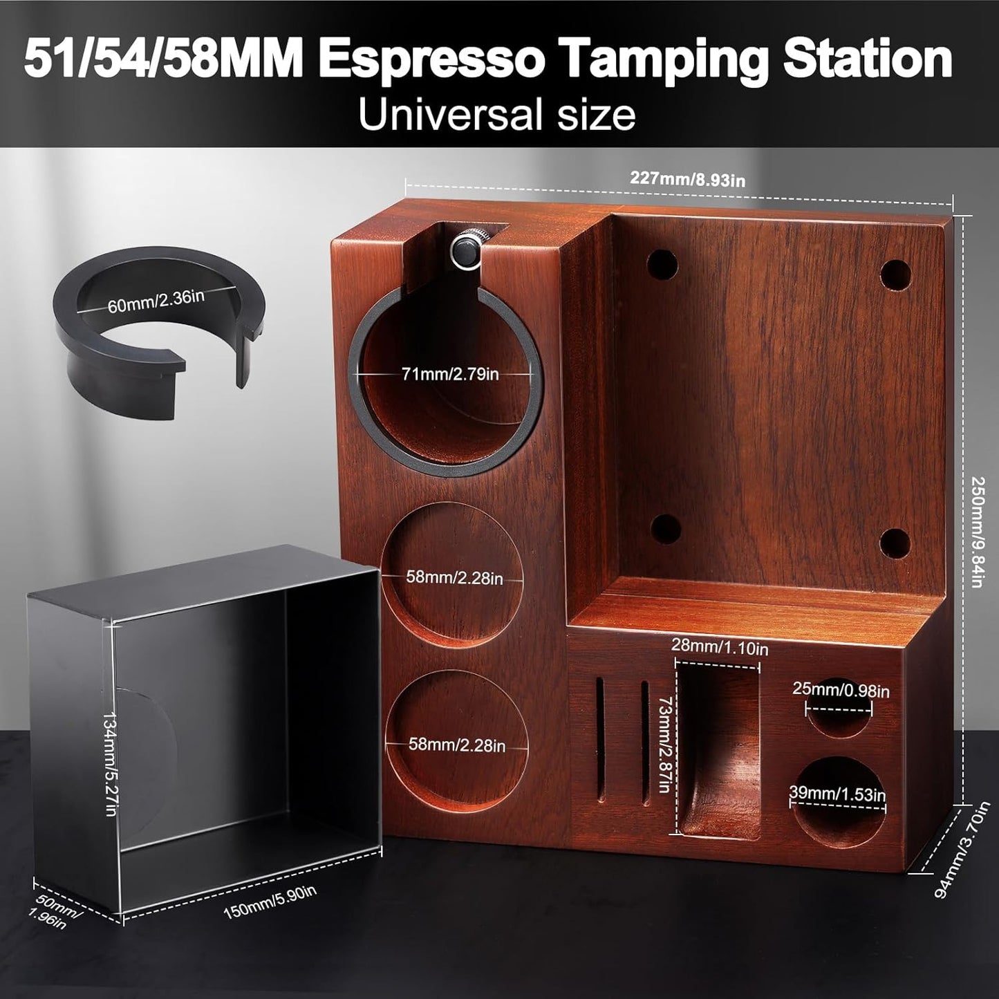 Espresso Knock Box, Walnut Tamping Station, 9 in 1 Coffee Organizer Box Fit for 51mm 54mm 58mm, Coffee Distributor & Portafilter, Espresso Accessories Kit