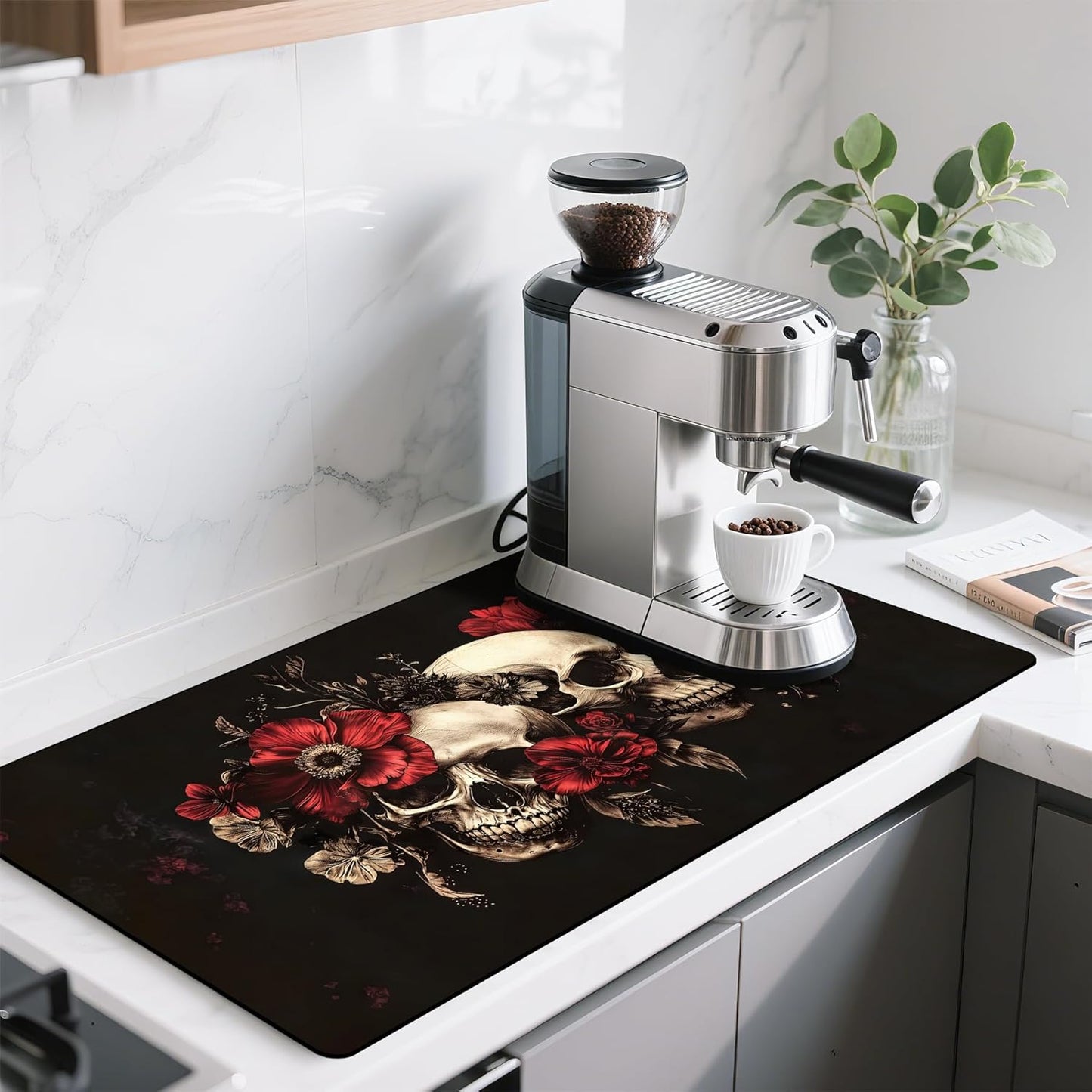 17"x 32" Coffee Bar Mat, Halloween Skull Flower Absorbent Dish Drying Mat Cuttable Hide Stain Draining Table Pad for Kitchen Counter, Coffee Bar Accessories