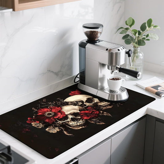 17"x 32" Coffee Bar Mat, Halloween Skull Flower Absorbent Dish Drying Mat Cuttable Hide Stain Draining Table Pad for Kitchen Counter, Coffee Bar Accessories