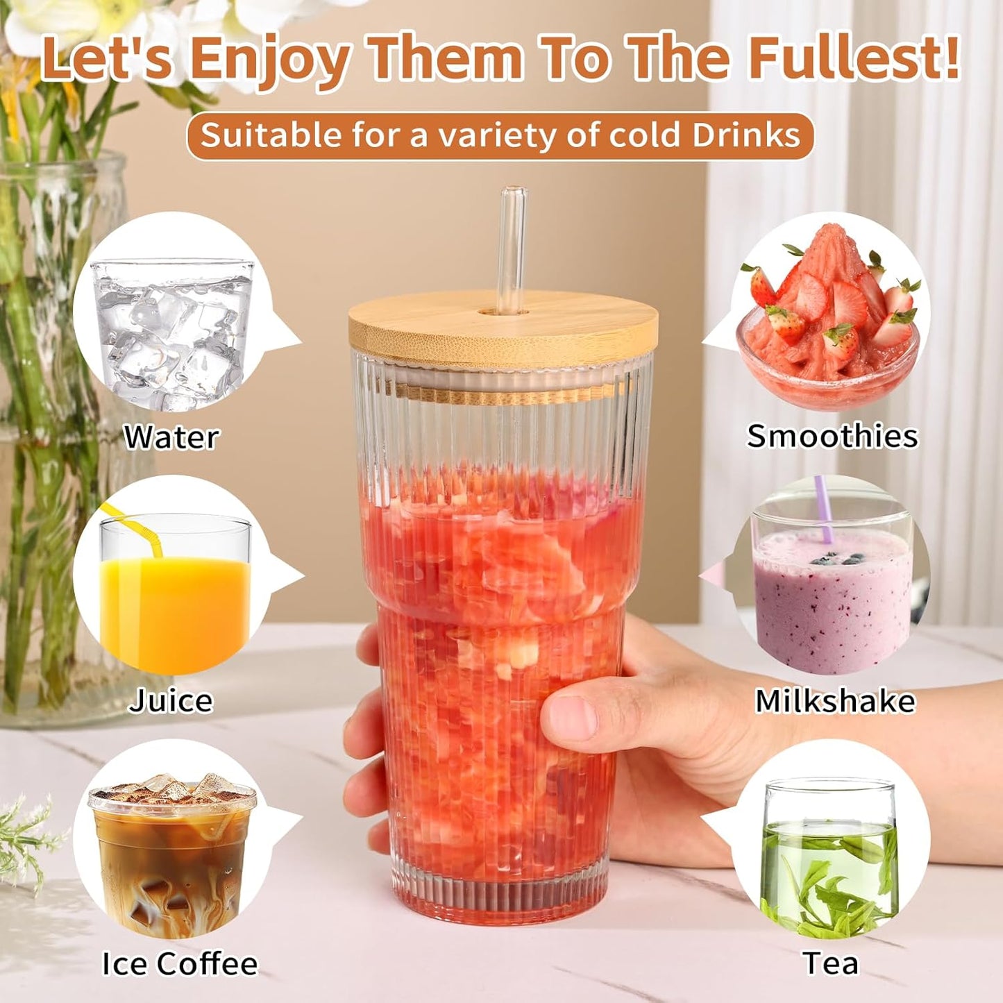 20oz Glass Cups with Lids and Straws,2PCS Ribbed Glass Coffee Cups,Iced Coffee Cups with Lid,Vintage Bamboo Tumbler for Juice,Smoothies