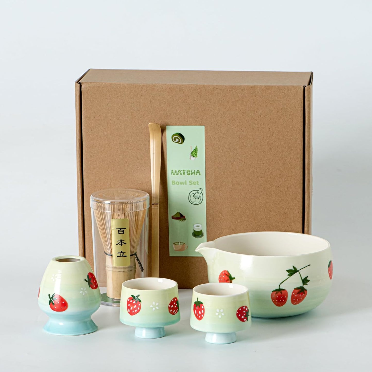 Matcha Whisk Set, Cute Strawberry Matcha Bowl Set with 2 Cups, Bamboo Whisk, Scoop & Holder, Matcha Kit Gift for Tea Lovers and Tea Ceremony, Birthday, Anniversary