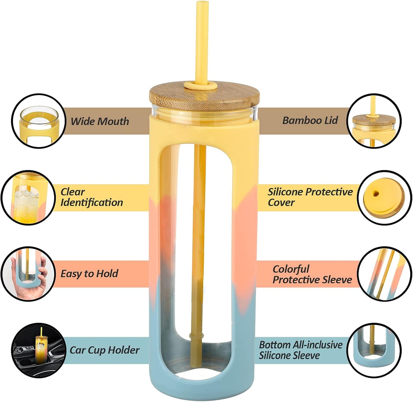 Kodrine 20oz Glass Tumbler with Straw and Lid, Iced Coffee Cups with Bamboo Lids, Glass Cups for Cold Drinks, Smoothie Cup with Silicone Sleeve for Travel, Work, BPA FREE-Blue