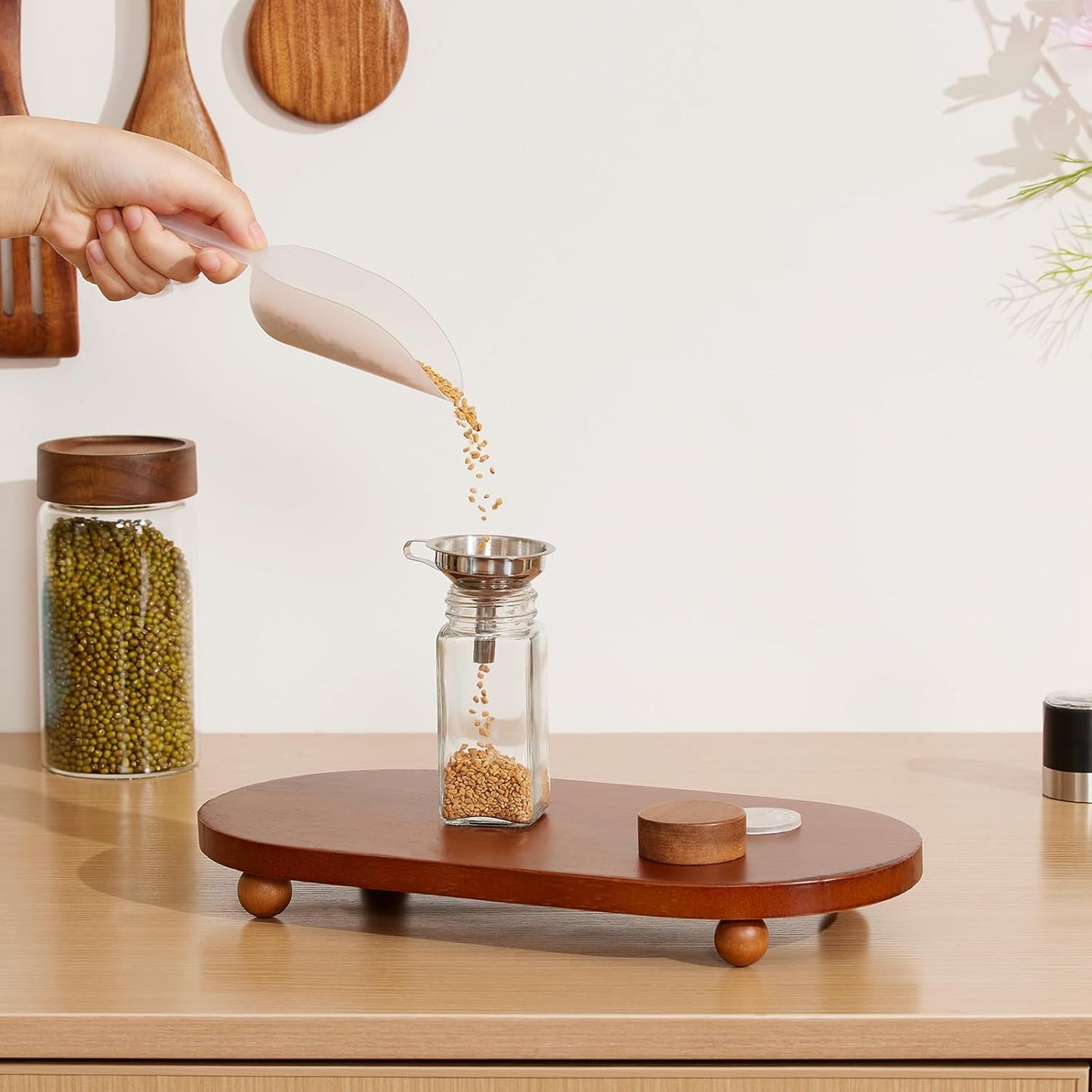 Yangbaga 14Pcs Glass Spice Jars with Labels-4oz Acacia Wood Lid Square Spice Containers with Pepper Grinder Lids &Funnel,Seasoning Jars for Rack Cabinet Drawer