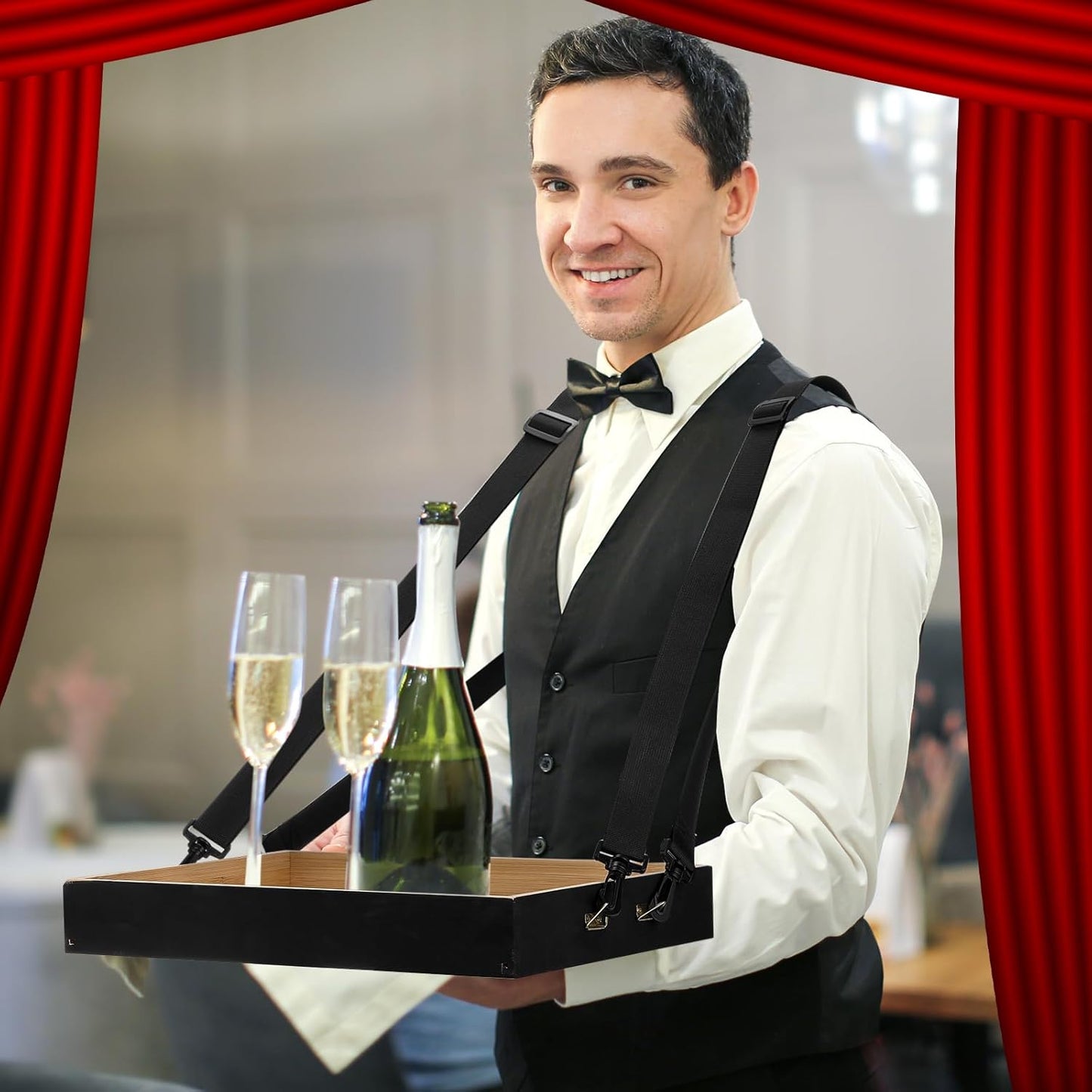 Marsui 2 Pcs Halloween Snack Trays with Straps 15 x 11 x 2 Inch Wooden Movie Night Snack Drink Trays Vendor Usherette Popcorn Drink Beverage Carrier for 20's Theme Carnival Party Costume(Black)