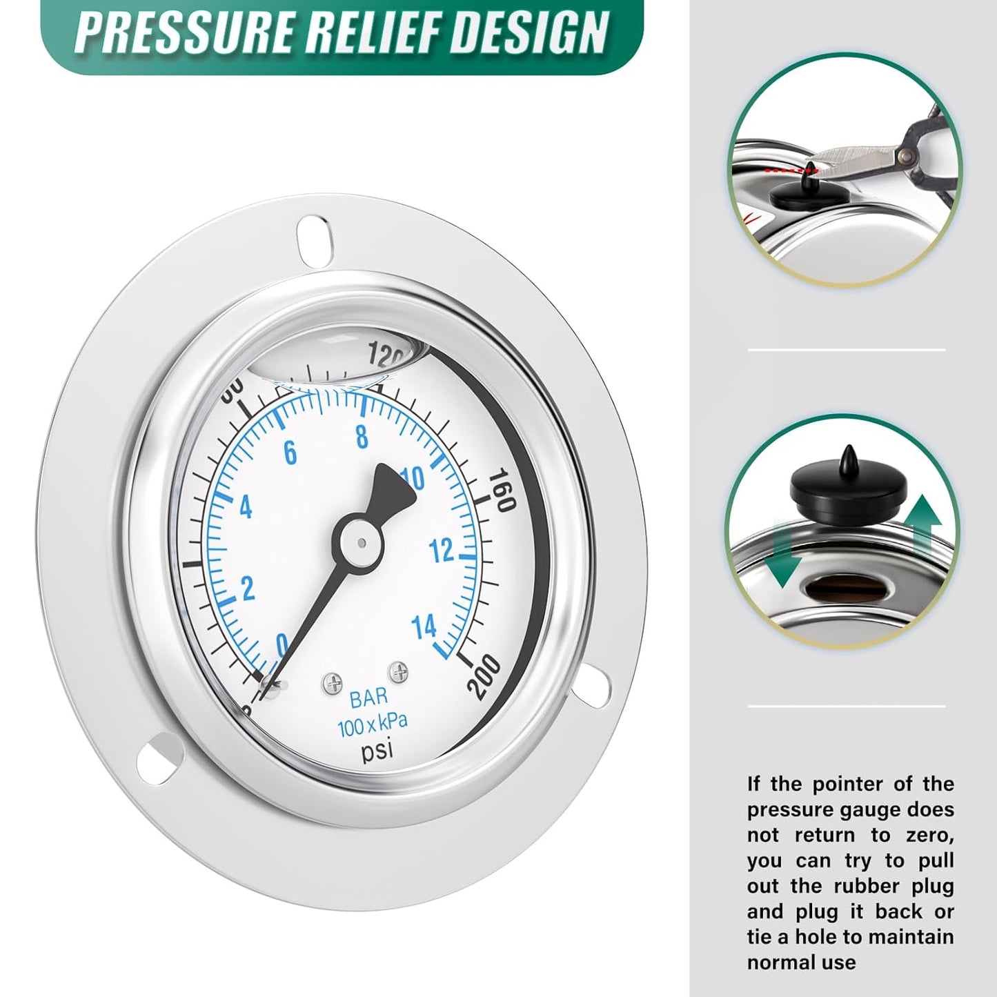 0-200PSI Panel Mount Front Flanged Glycerin Filled Pressure Gauge, 2.5" Dial Size, 1/4" MNPT Back Mount, Stainless Steel Case, with Phillips Screw and Nut, for Water, Gas, Liquid Pressure