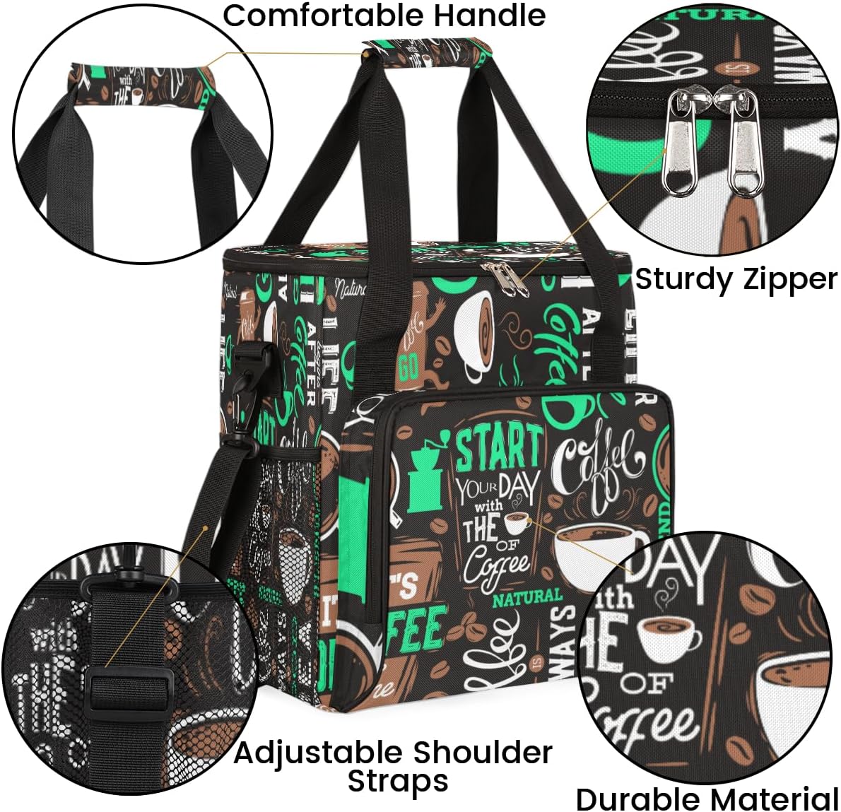 Turquoise Start Your Day With Coffee Coffee Maker Carrying Bag, Coffee Machine Travel Storage Tote Bag Compatible with K-Mini or K-Mini Plus, Portable Single Serve Coffee Brewer Case with Pockets