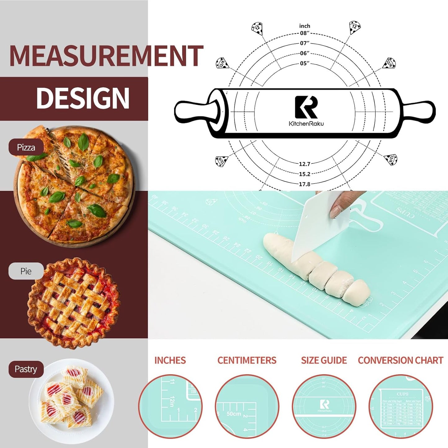 Silicone Baking Mat 20"L x 28"W, Extra Thick Dough Rolling Pad with Measurements and Edge Heightening, Non-stick Food Grade Silicone Pastry Mat for Pastry, Bread, Cookies