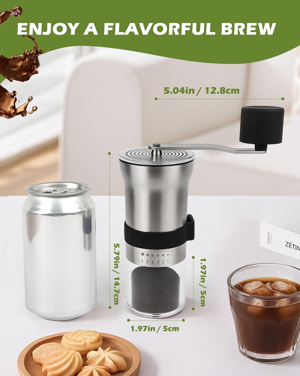 Manual Coffee Grinder with Stainless Steel Burr - 1.12oz Capacity Handheld Mill for Espresso, Drip, Cold Brew with 6 Adjustable Settings & Quiet -Extra Fine Grinding (Ceramic Burr)