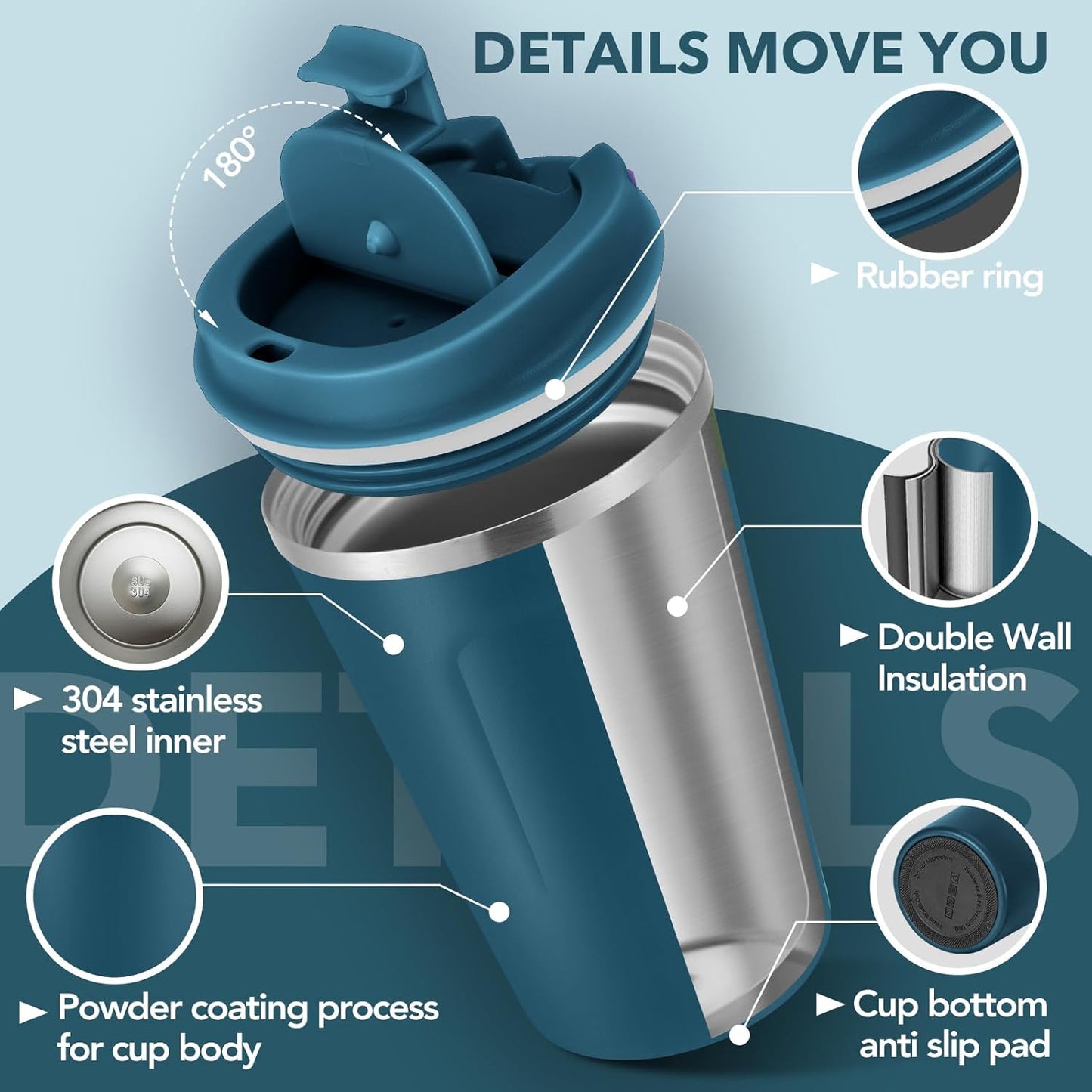 Volhoply 12 oz Double Wall Insulated Vacuum Travel Coffee Mug with Flip Lid,Reusable Stainless Steel Leak Proof Coffee Cup,Portable Iced Cafe Thermal Tumbler Suitable for Hot & Cold Drinks(Bule,1 Set)