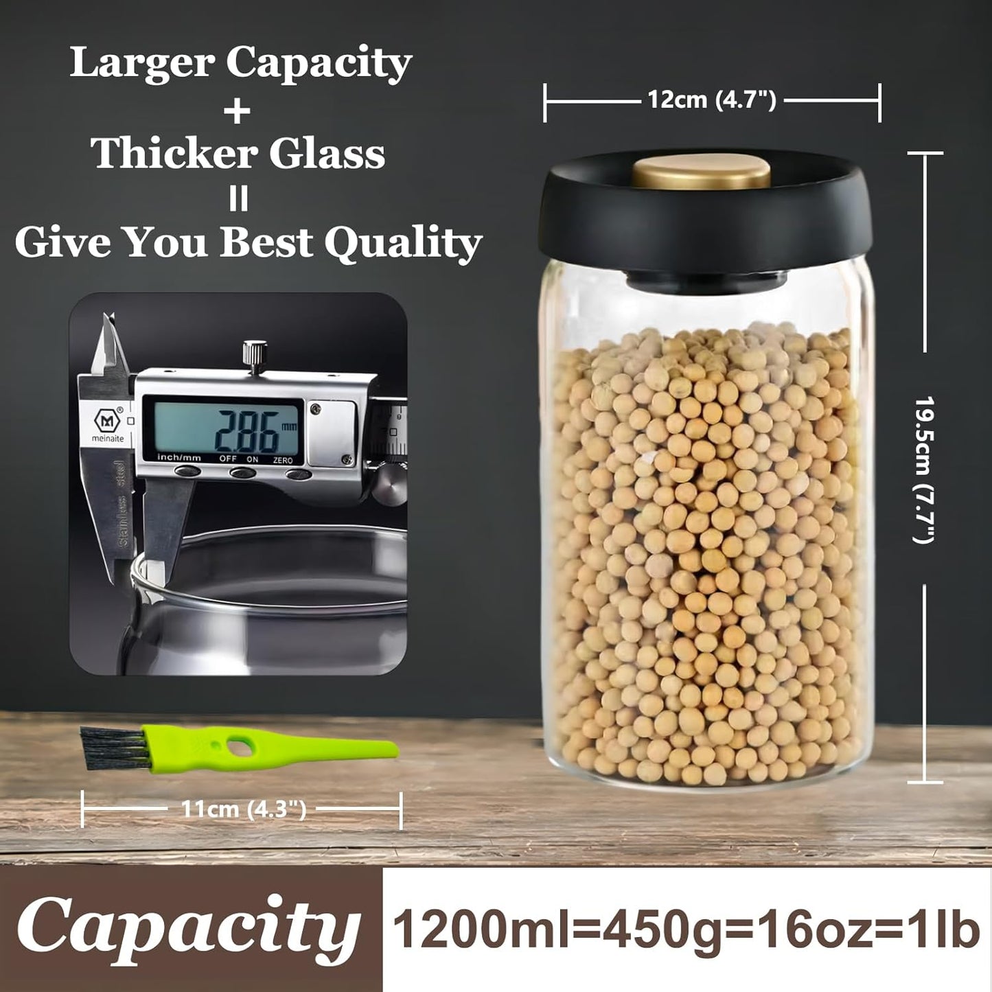 Vacuum Glass Jar with Airtight Lid,41floz/1200ml Borosilicate Glass Coffee Canister Container,Perfect for Coffee Beans & Grounds,Loose Leaf Tea,Candy,Sugar,Nuts,Spices