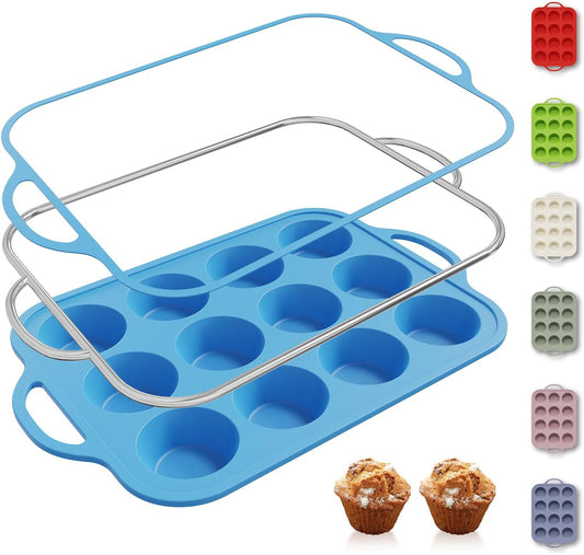 12 Cups Silicone Muffin Pan with Metal Reinforced Frame Regular Size Cupcake Pan Tray Egg Bites Silicone Circle Cookie Molds Muffin Tin Tray Tart Pans Kitchen Baking Mold Tools for Cooking