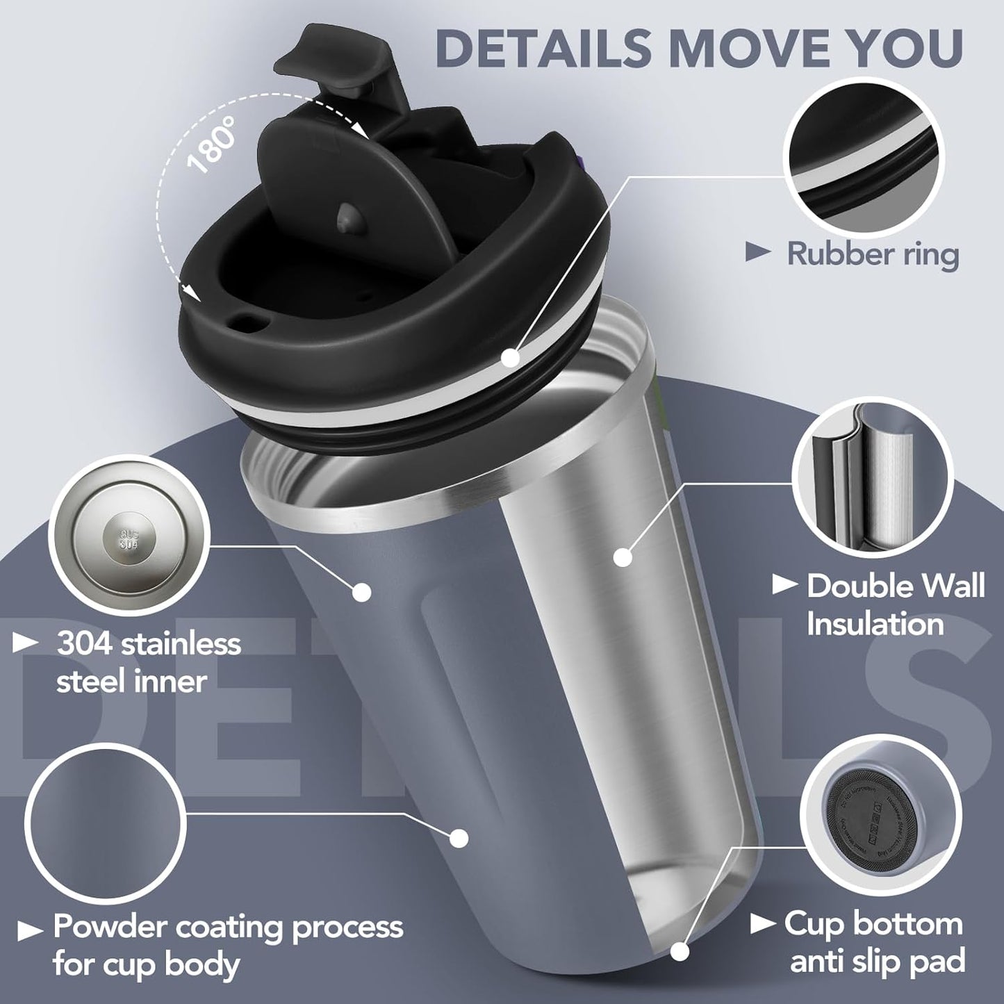 Volhoply 12 oz Double Wall Insulated Vacuum Travel Coffee Mug with Flip Lid,Reusable Stainless Steel Leak Proof Coffee Cup,Portable Iced Cafe Thermal Tumbler Suitable for Hot & Cold Drinks(Gray,1 Set)