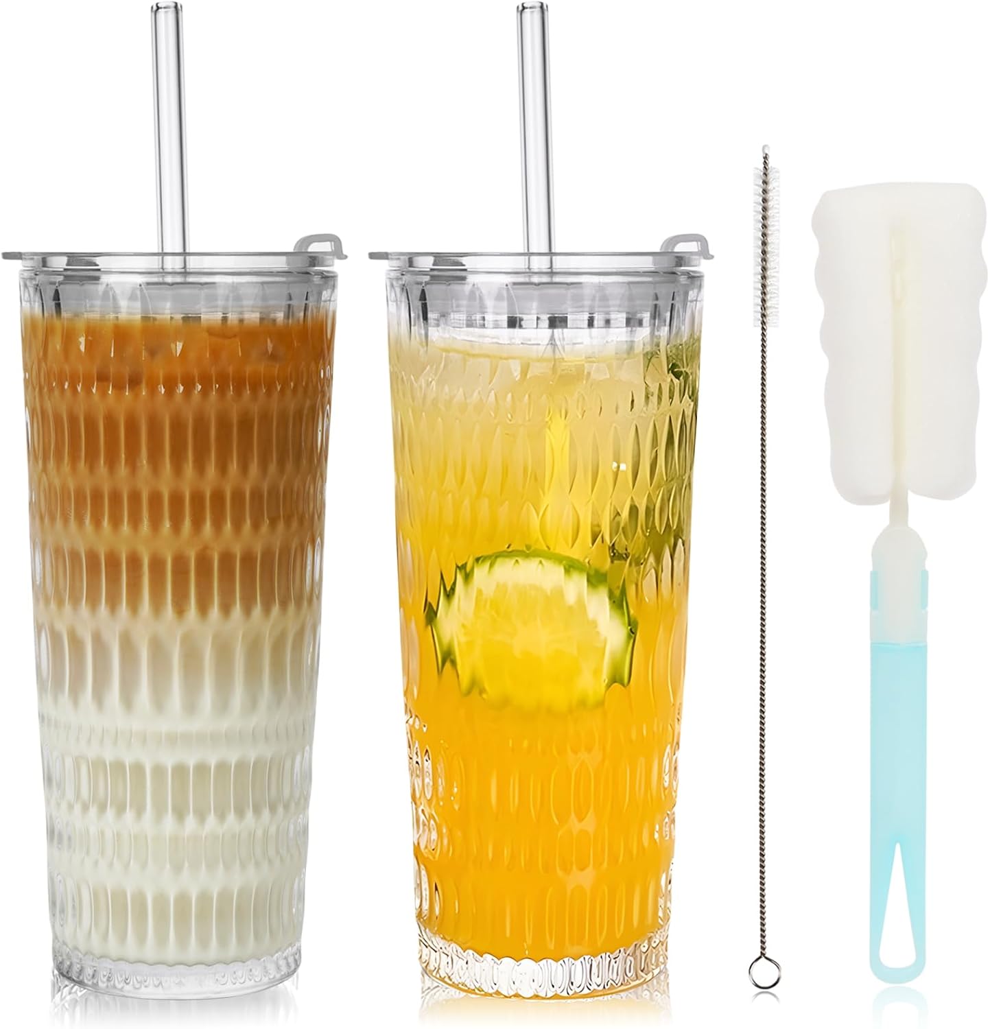 2 Pack Glass Tumblers with Lids and Straws 18oz: Leak-Proof Drinking Glasses with Airtight Lid, Stylish Water Ripple Design, Reusable Glass Iced Coffee Cups for Cold Drinks, Car Holder Fit