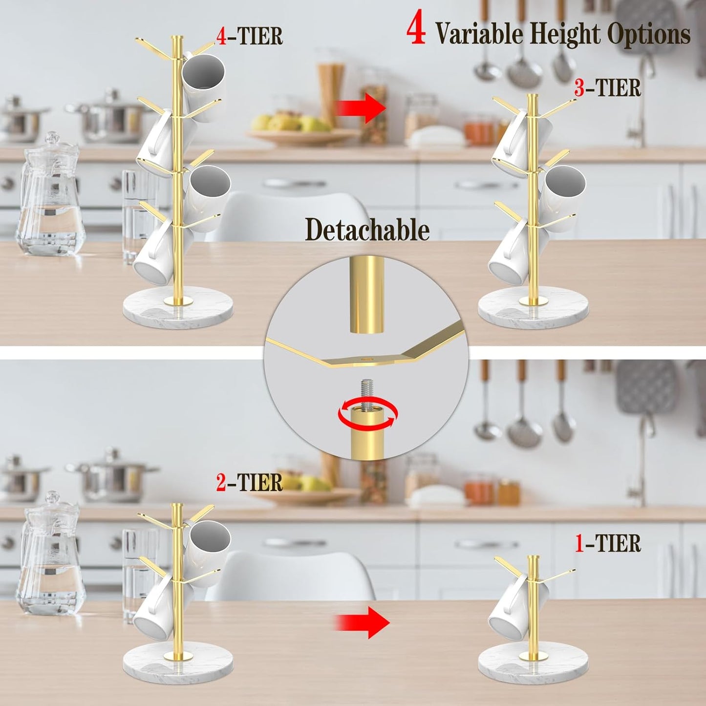 Marble Mug Holder Tree with 8 Hooks, Stainless Steel Coffee Cup Holder, Non-Slip Silicone Pads, Heavy Duty Marble Base, Countertop Organizer for Kitchen & Cafe, Gold