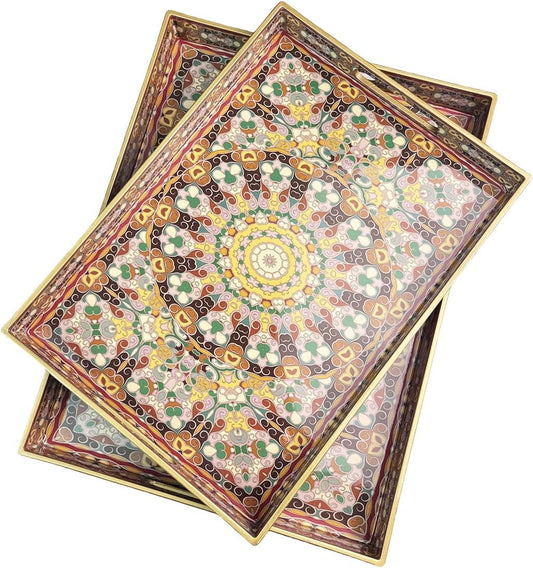 2pcs Boho Red Decorative Serving Tray, Modern Plastic Tray with Handles for Coffee Table, Living Room, Ottoman, Home Decor, Large, 15.7"*11.8"*1.6", Small 13.7"*9.8",