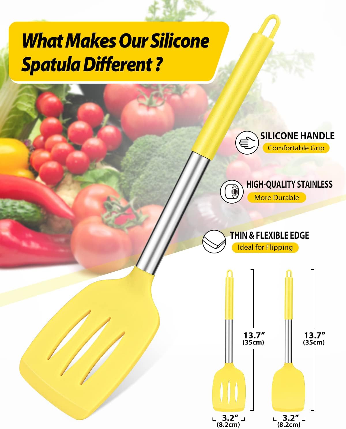 Pack of 2 Silicone Solid Turner, Non Stick Slotted Kitchen Spatulas, High Heat Resistant BPA Free Cooking Utensils, Ideal Cookware for Fish, Eggs, Pancakes(Yellow)