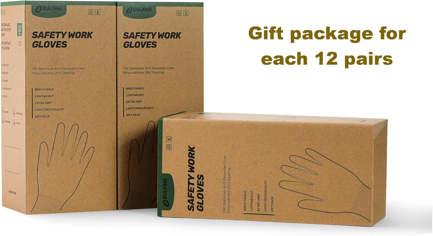 DULFINE Safety Work Gloves PU Coated-12 Pairs,Grey Seamless Knit Glove with Polyurethane Coated Smooth Grip on Palm & Fingers, for Men and Women, Ideal for General Duty Work (XX-Large)