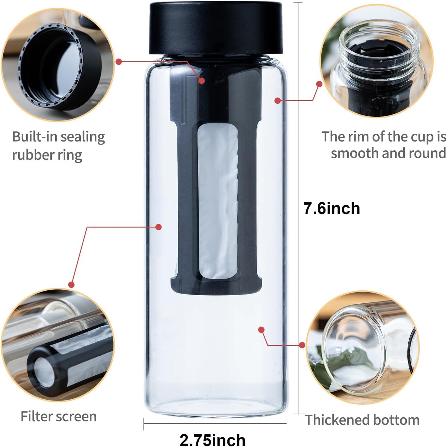 19oz Cold Brew Bottle, Cold Brew Maker with Removable Filter, BPA - Free Portable Cold Brew Tea Bottle for Iced Tea, Cold Brew & Fruit Infusion (Black+White)