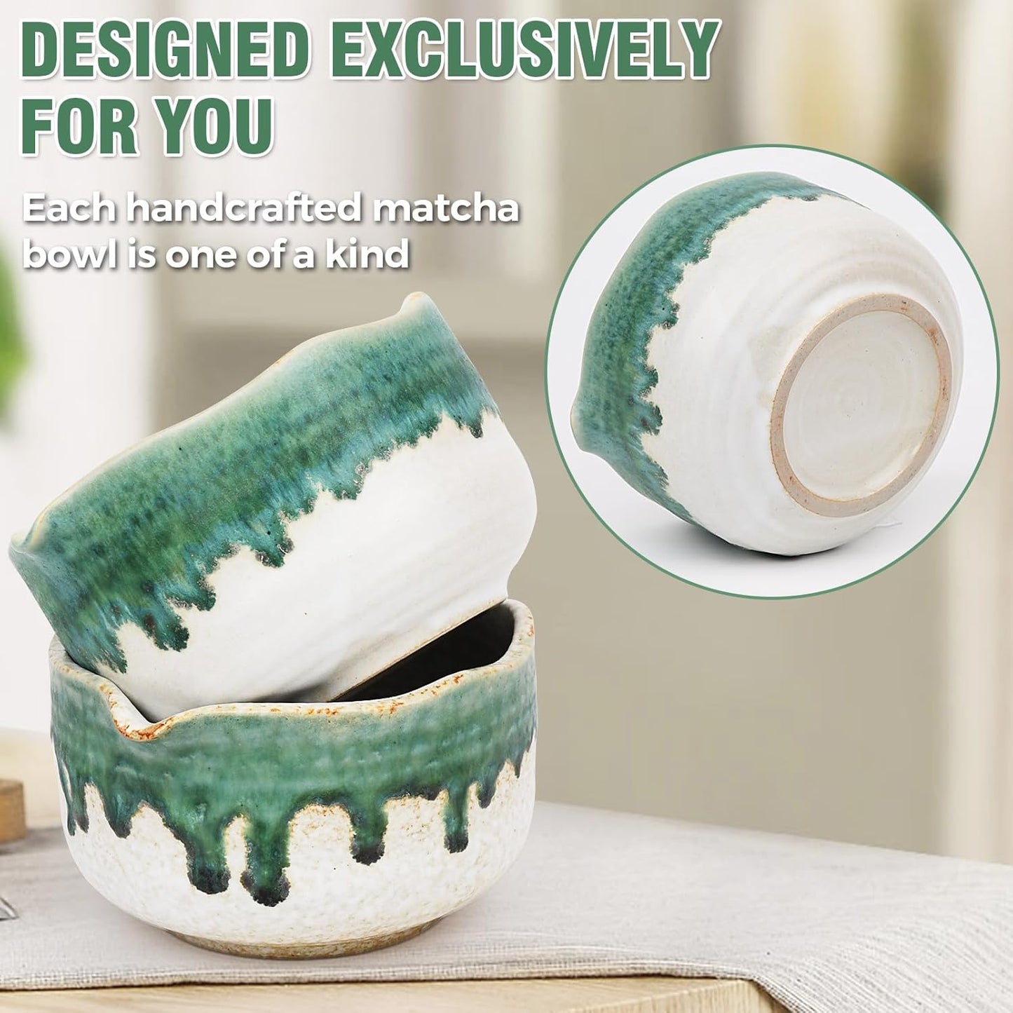 Pottery Matcha Set - Japanese Handcrafted Matcha Tea Bowl Mineral Glaze Bowl with Spout, Bamboo Whisk, Scoop & Chasen Holder | 4pc Tea Ceremony Kit for Matcha Lovers (Snowy Jade)