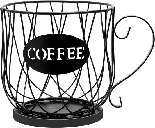 Coffee Pod Holder Organizer, Large Capacity K Cup Holder Organizer, Storage Basket for Kitchen Countertop Office Coffee Bar with Wooden Base(Rustic Black-Round)