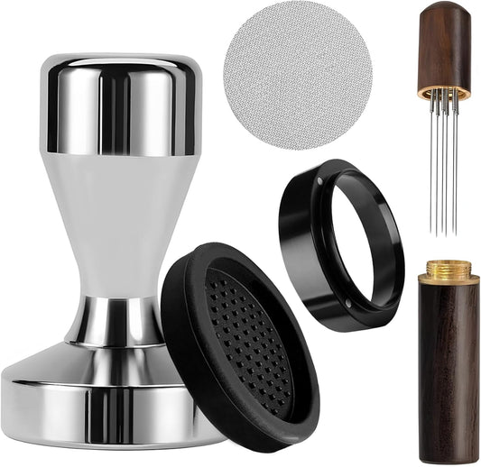 Espresso Accessories Kit, 51mm Tamper, Coffee Tamper Set, Silver 51mm Stainless Steel Espresso Tamper, Dosing Funnel, Tampers Mat, WDT Tools and Puck Screen Set Fit 51mm Portafilters