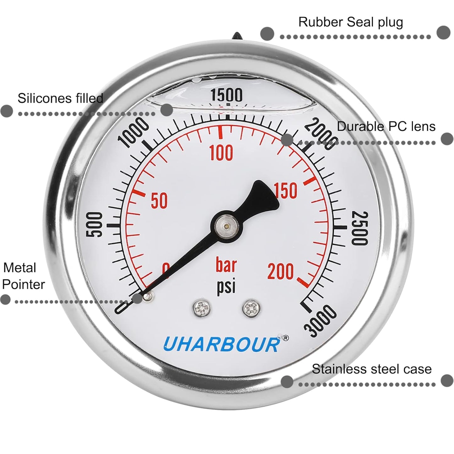 Glycerin Filled Pressure Gauge 3000psi/200bar, Stainless Steel case, Brass Inside Construction, 2-1/2" dial, 1/4" NPT Back Connection.…