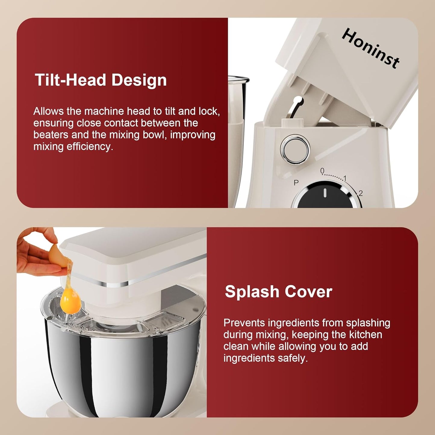 10-Speed Stand Mixer with 8-in-1 Splash Guard, Tilt-Head, 6QT Stainless Steel Bowl + Dishwasher-Safe Dough Hook/Whisk/Beater/Spatula for Baking Bread, Cakes, Cookies, Beige
