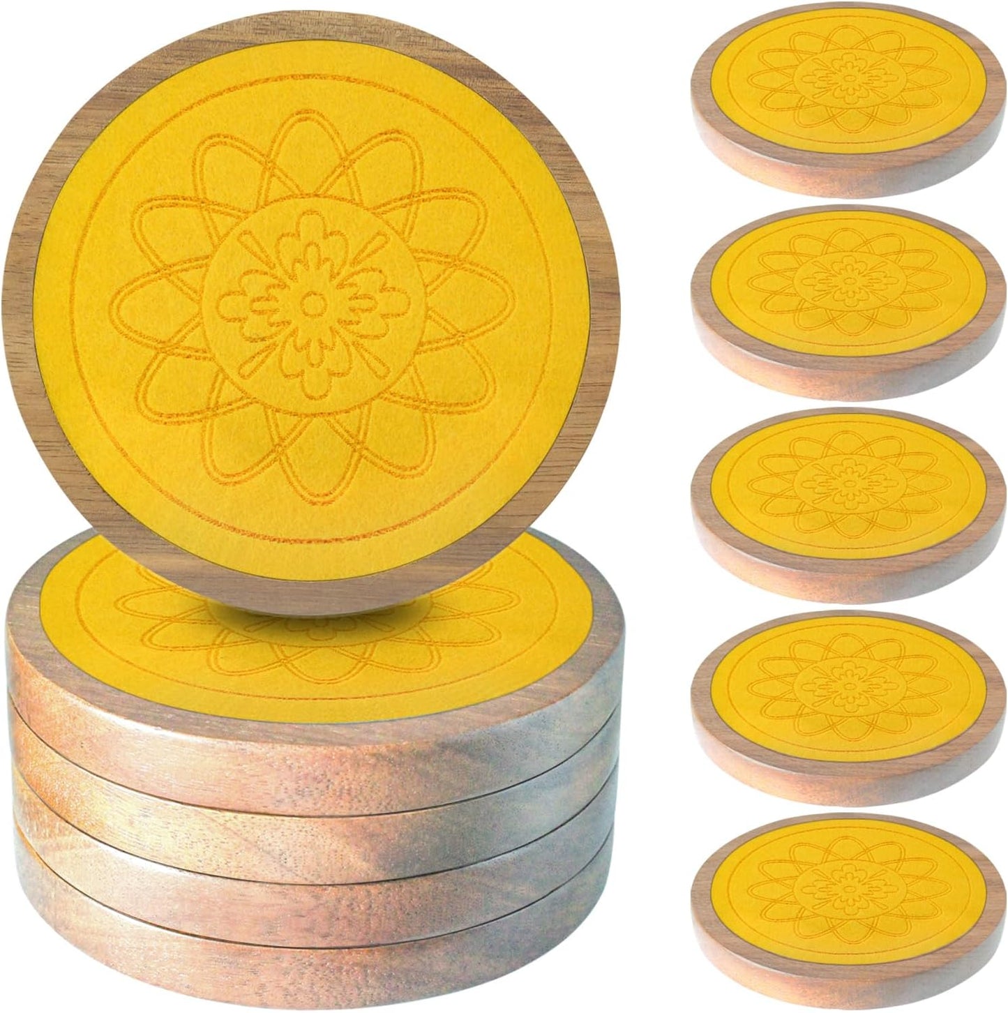 Wood Coasters for Drinks, Minacun Absorbent Coaster Sets of 5, Drinks Coasters for Coffee Tabletop Protection, Non-Slip, Non-Stick, Suitable for Kinds of Cups Wooden Table Drink, 4.3 Inches Yellow