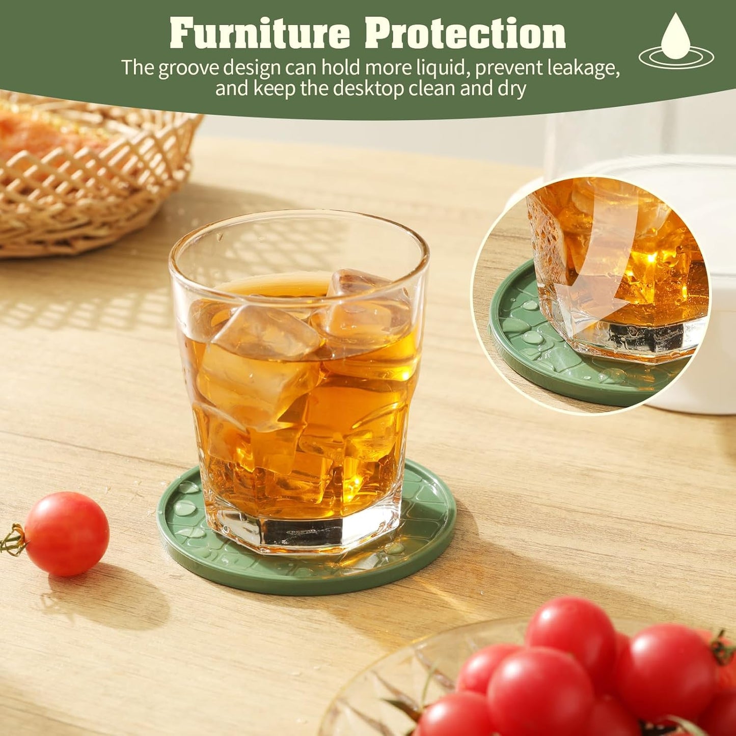 Coasters Set of 8,Hot or Cold Drink Coasters with Holder,Modern Style Coffee Table Coaster,Suitable for Kinds Cups Beer,Drink,Anti-Overflow Tabletop Protection(Green, 8pcs)