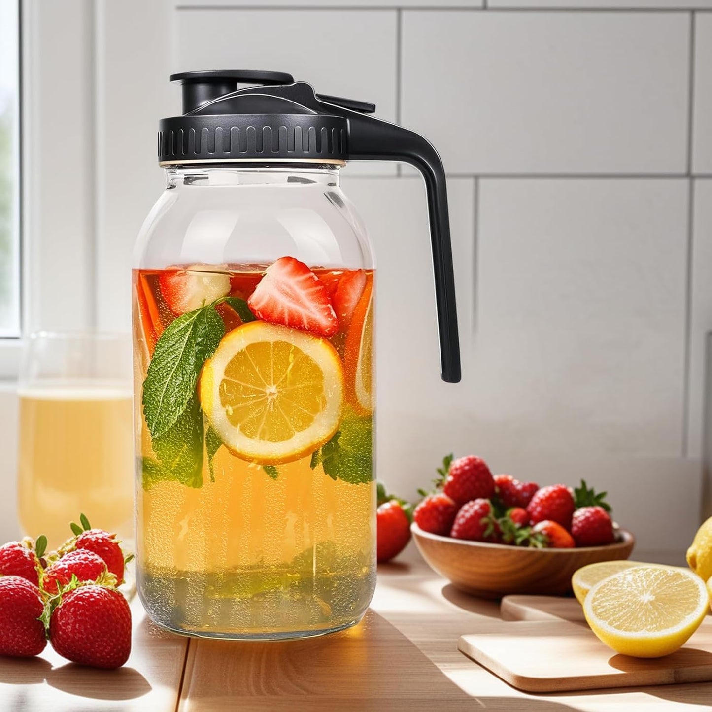 2 Pack 64oz Glass Mason Jar Pitchers with Airtight Lids & Handles – Wide Mouth, Leak-Proof Jars for Sun Tea, Cold Brew, Lemonade, Iced Coffee, and More