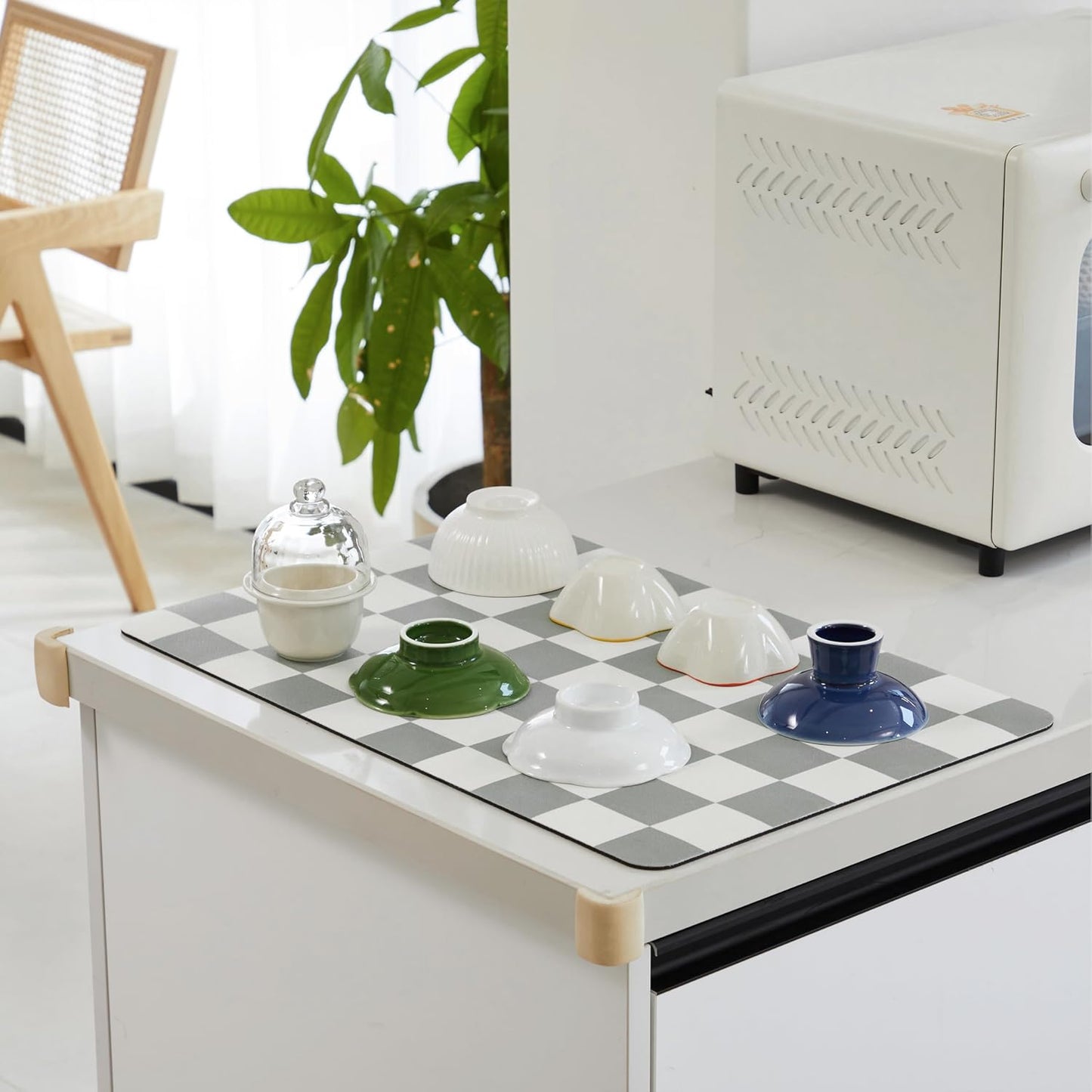 Checkered Dish Drying Mat for Kitchen Counter, Coffee Bar Station Accessories, Retro Cute Aesthetic Absorbent Coffee Mat Kitchen Drying Mat Easy Clean, Grey 16" x 24"