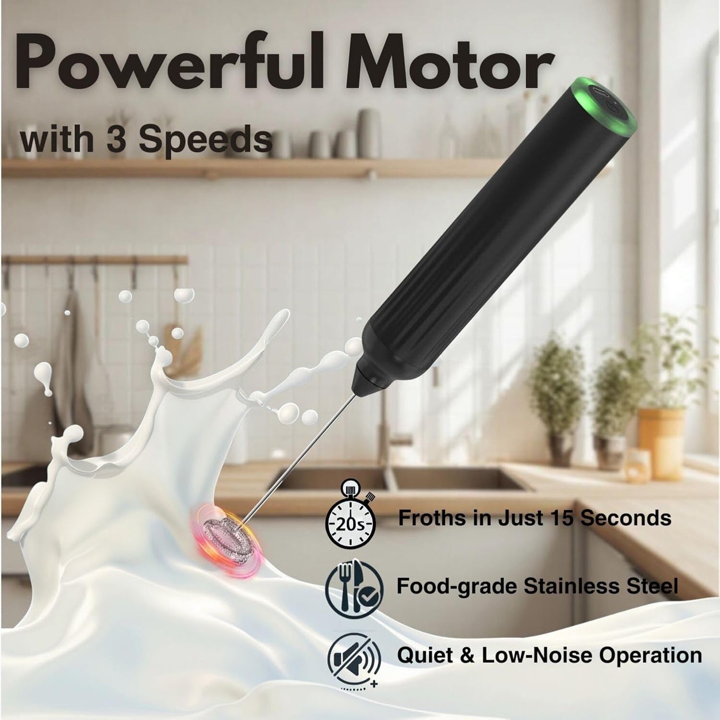 Milk Frother Handheld,3-Speed Rechargeable Coffee Foamer Drink Whisk with 3 Stainless Steel Heads Electric USB C Whisk for Coffee, Latte, Cappuccino, Hot Chocolate, Protein,Egg light Black