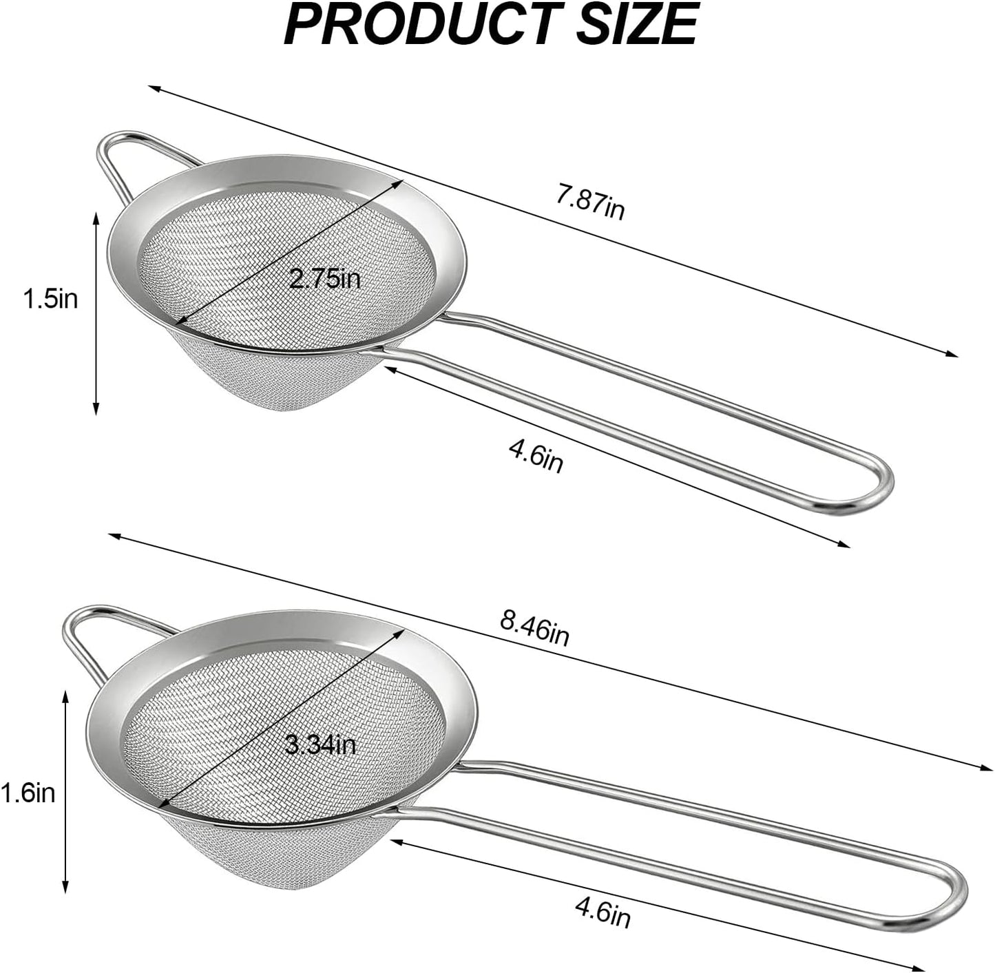2 Pack Fine Mesh Strainer, Small Stainless Steel Sieves with Handles, for Steeping Loose Leaf Tea, Straining Cocktail, Juice and Sifting Flour, Powdered Sugar (2pcs-Conical)