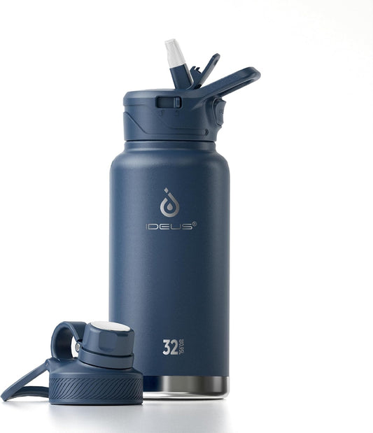 IDEUS Insulated Stainless Steel Water Bottle with 2 Leak-Proof Lids, Thermal Water Flask for Hiking Biking, 32oz, Navy Blue