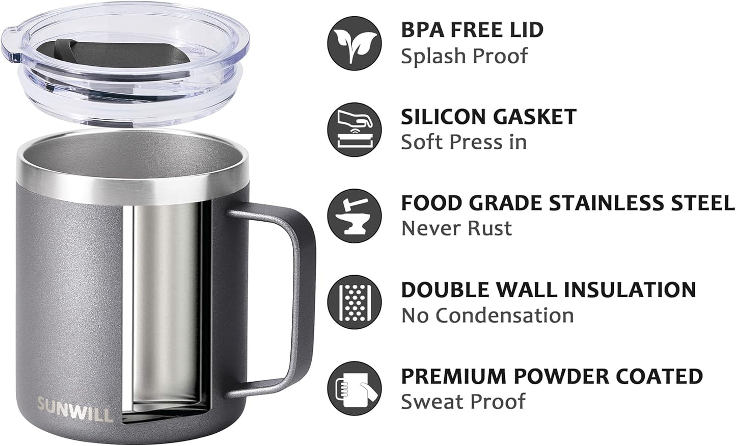 SUNWILL Travel Coffee Mug with Lid, Insulated Tumbler with Handle, 14 oz Stainless Steel Cup for Ice, Water, Tea, Powder Coated Cool Grey