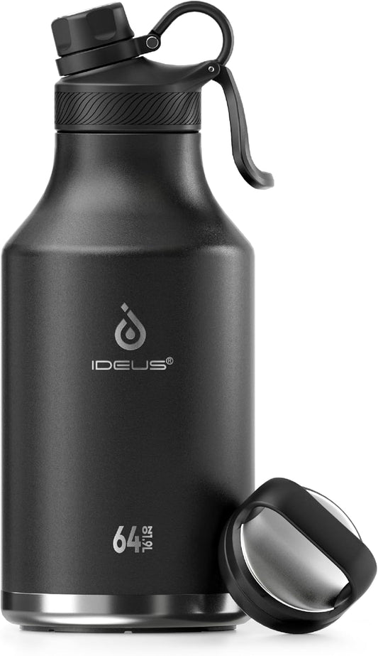 IDEUS Insulated Stainless Steel Water Bottle with 2 Leak-Proof Lids, Thermal Water Flask for Hiking Biking, 64oz, Black