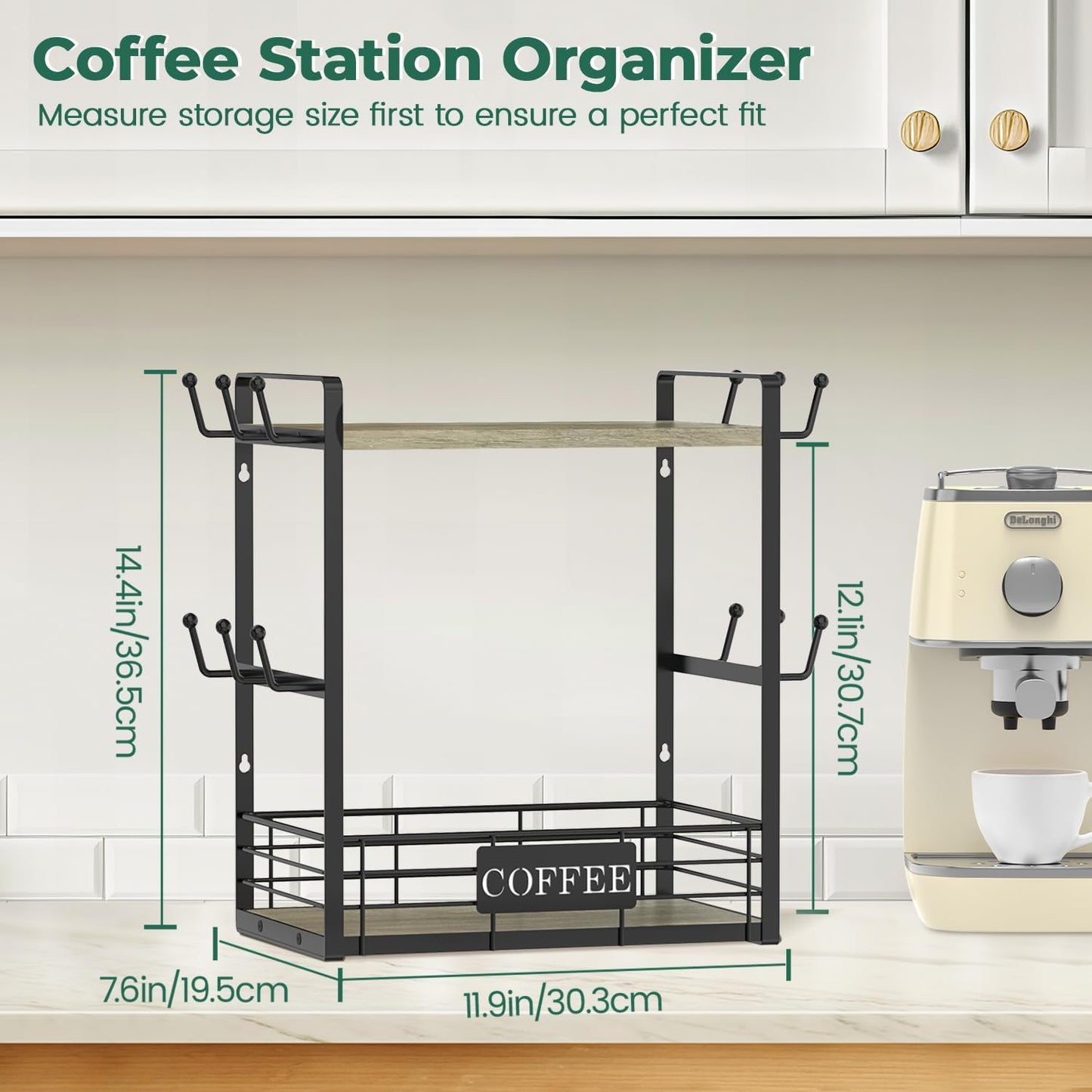 EsLuker.ly Coffee Mug Cup Holder Stand Bar Station Organizer for Countertop, Multi-Functional 2 Tier Mug Tree Rack for Kitchen, Storage Shelf with 12 Hooks, Grey Oak-Black(Patented Design)