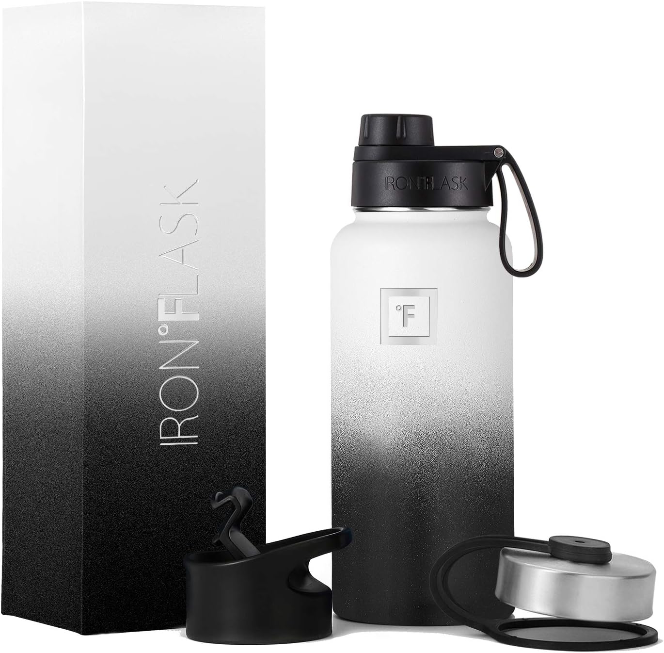 IRON °FLASK Camping & Hiking Hydration Flask with 3 Lids - Stainless Steel, Double Walled & Vacuum Insulated Water Bottle - Leak Proof & BPA Free (Day & Night, Spout - 32 oz)