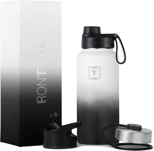 IRON °FLASK Camping & Hiking Hydration Flask with 3 Lids - Stainless Steel, Double Walled & Vacuum Insulated Water Bottle - Leak Proof & BPA Free (Day & Night, Spout - 32 oz)