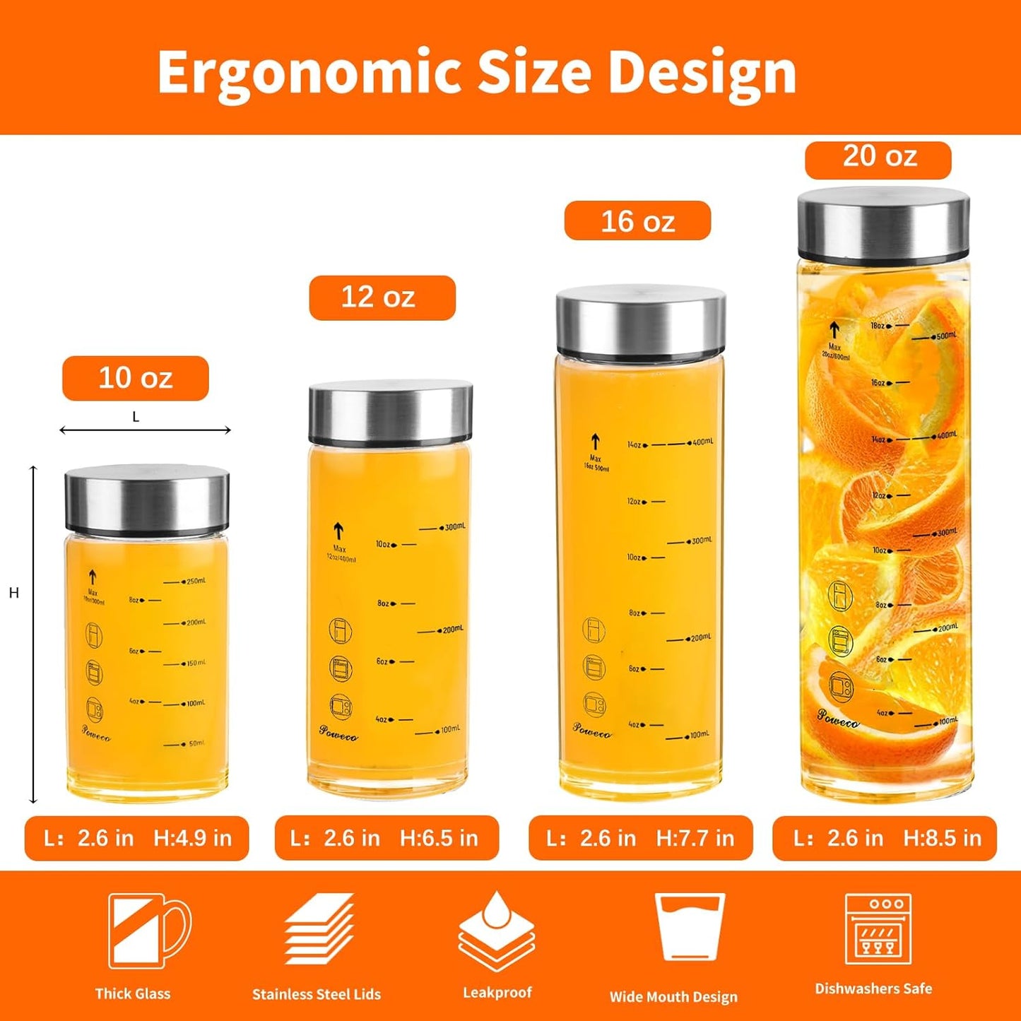 Glass Juice Bottles 4 Pack 20 oz - Wide Mouth Glass Water Bottles with Lids - for Juicing, Protein, Smoothie, Milk, Reusable, BPA Free, Stainless Steel Lids, Blender, Shaker Bottle [20oz/600ml]