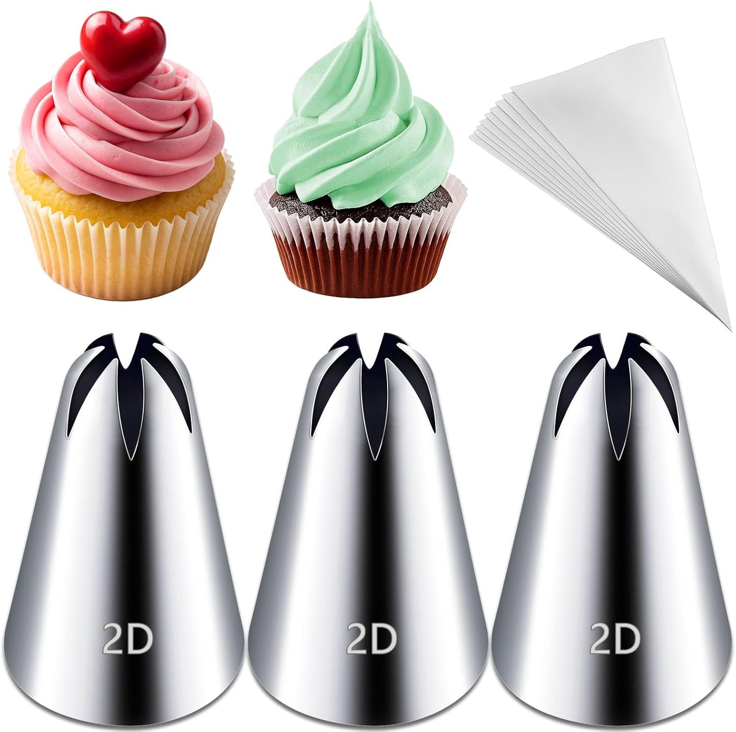 Hendiy 3pcs 2D Cake Piping Tips with 20 Piping Bags, Large Piping Nozzles Decorating Tips, Cake Baking Tools for Cookie Icing Cupcakes, Buttercream,Birthday Cake, Cupcake, DIY Art