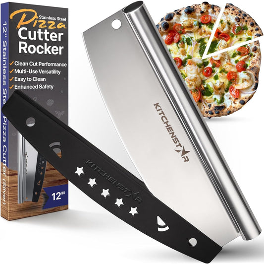 KitchenStar 12-Inch Pizza Cutter Rocker Blade - Sharp Stainless Steel Slicer Knife, Protective Cover, Dishwasher Safe, Small - Professional Pizza Oven Accessories