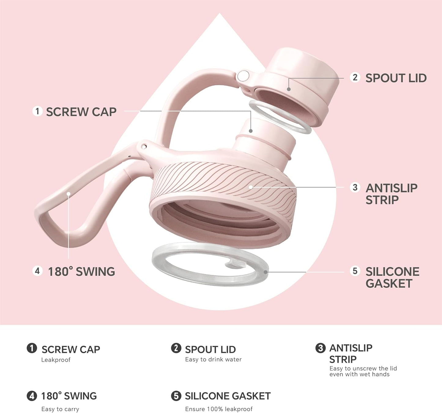 IDEUS Insulated Stainless Steel Water Bottle with 2 Leak-Proof Lids, Thermal Water Flask for Hiking Biking, 18oz, Light Pink